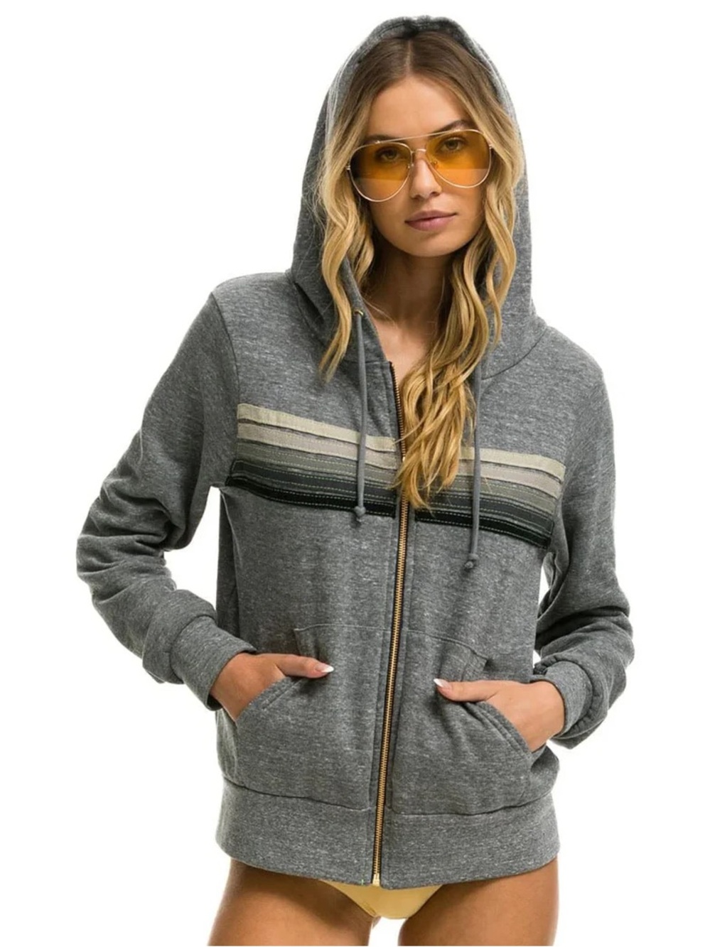 Aviator Nation Heather Grey Zip Hoodie with Cream/ Grey Stripes